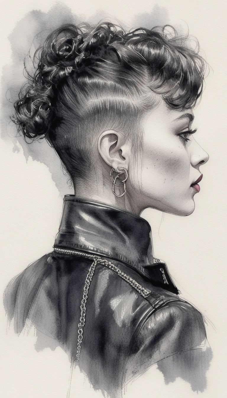 Retrato em esboço de caneta de jovem mulher de perfil, com estilo ousado