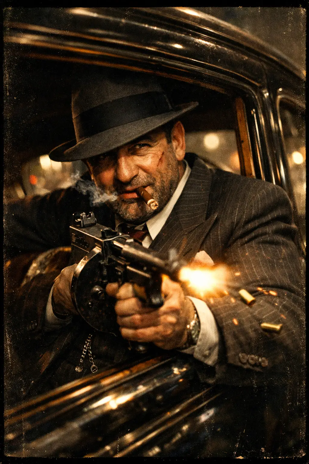 Vintage gangster in car aiming a Thompson submachine gun