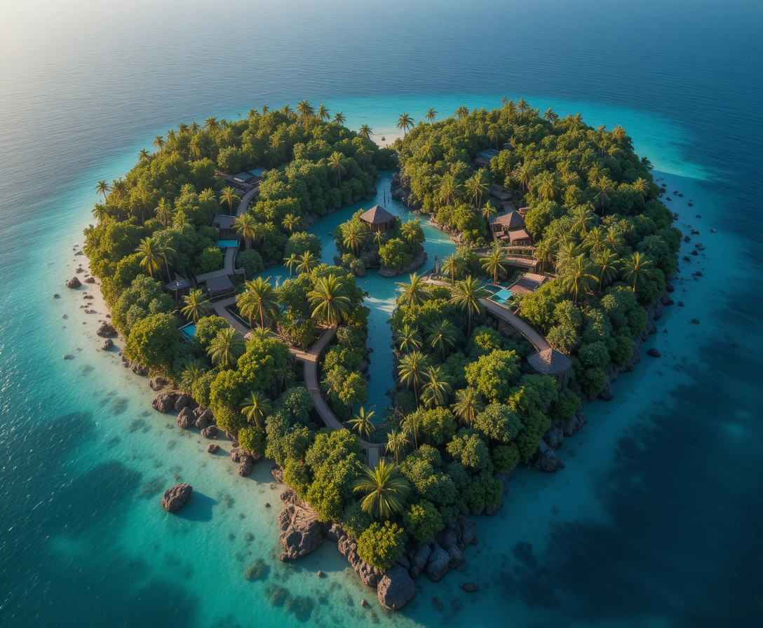 Vista aérea de isla ecológica tropical en forma de corazón al atardecer