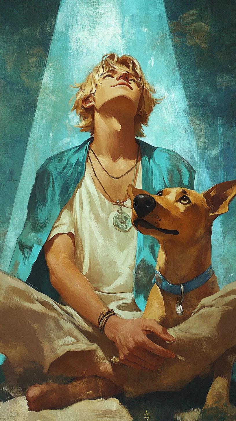 Uomo e cane cartoon seduti tranquillamente su sfondo turchese