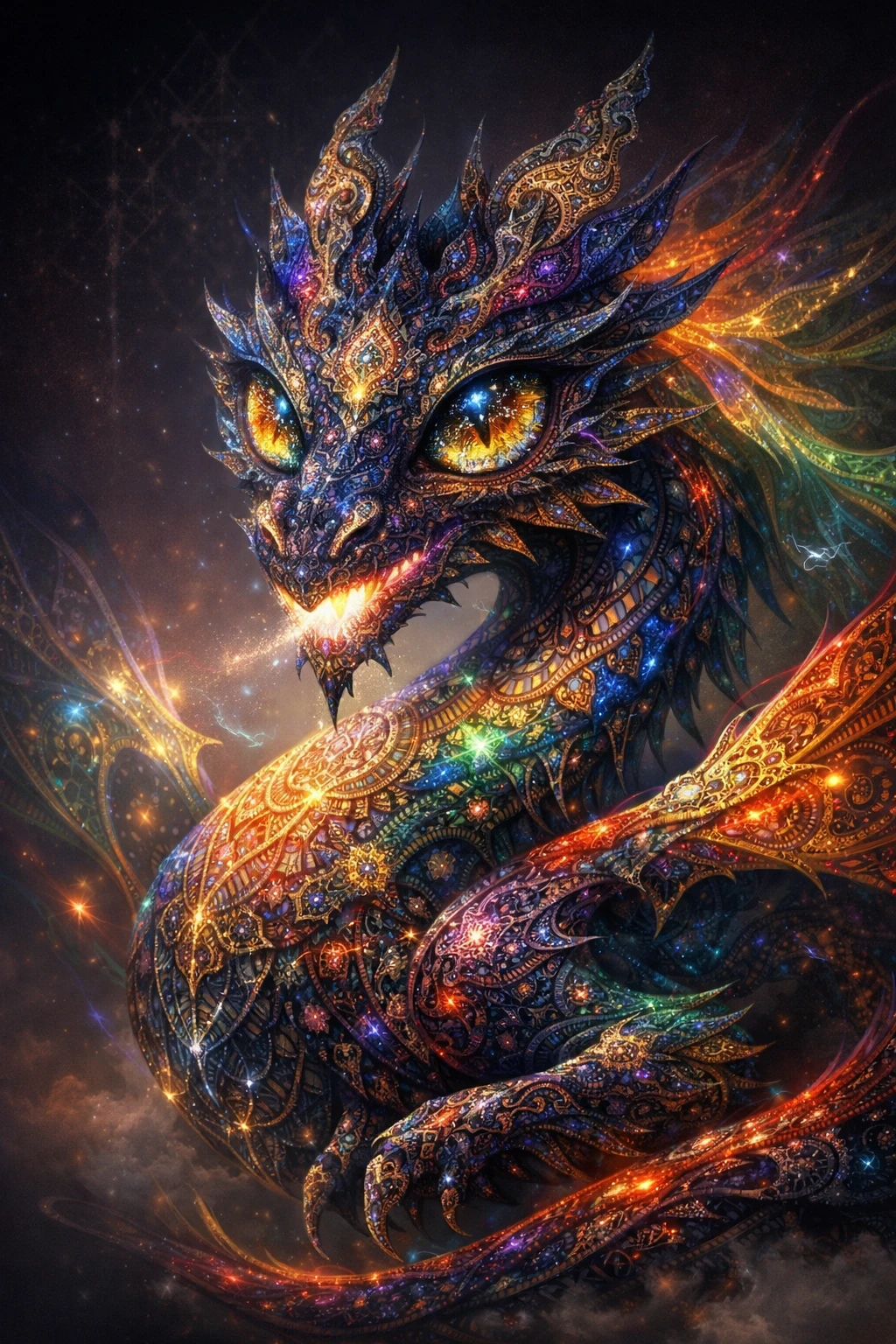 Dragón cósmico surreal formado por patrones geométricos cambiantes
