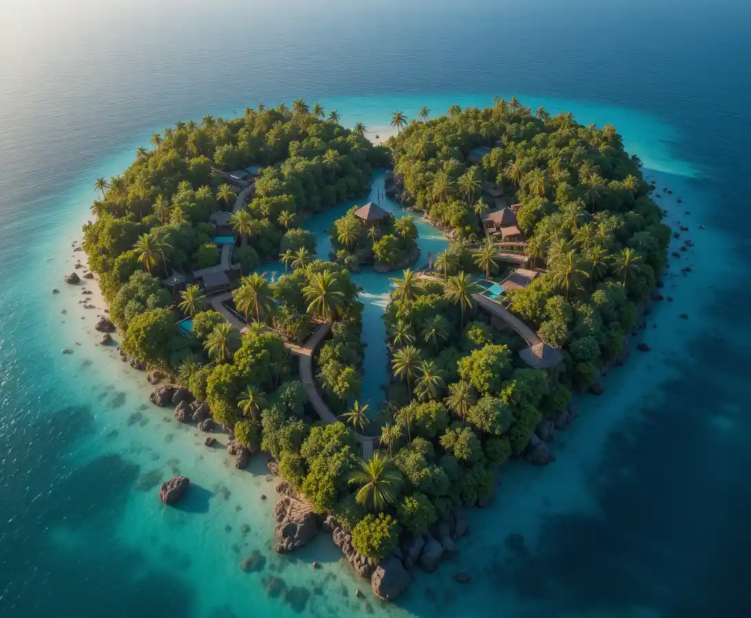 Aerial view of heart shaped tropical eco island at sunset