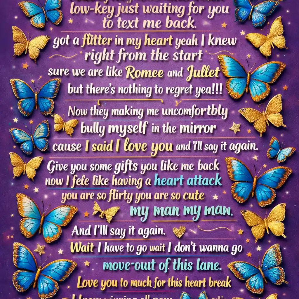Romantic text poster with blue and gold butterflies