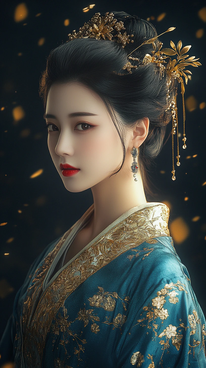 Elegante donna asiatica in hanfu blu-verde con bagliore dorato