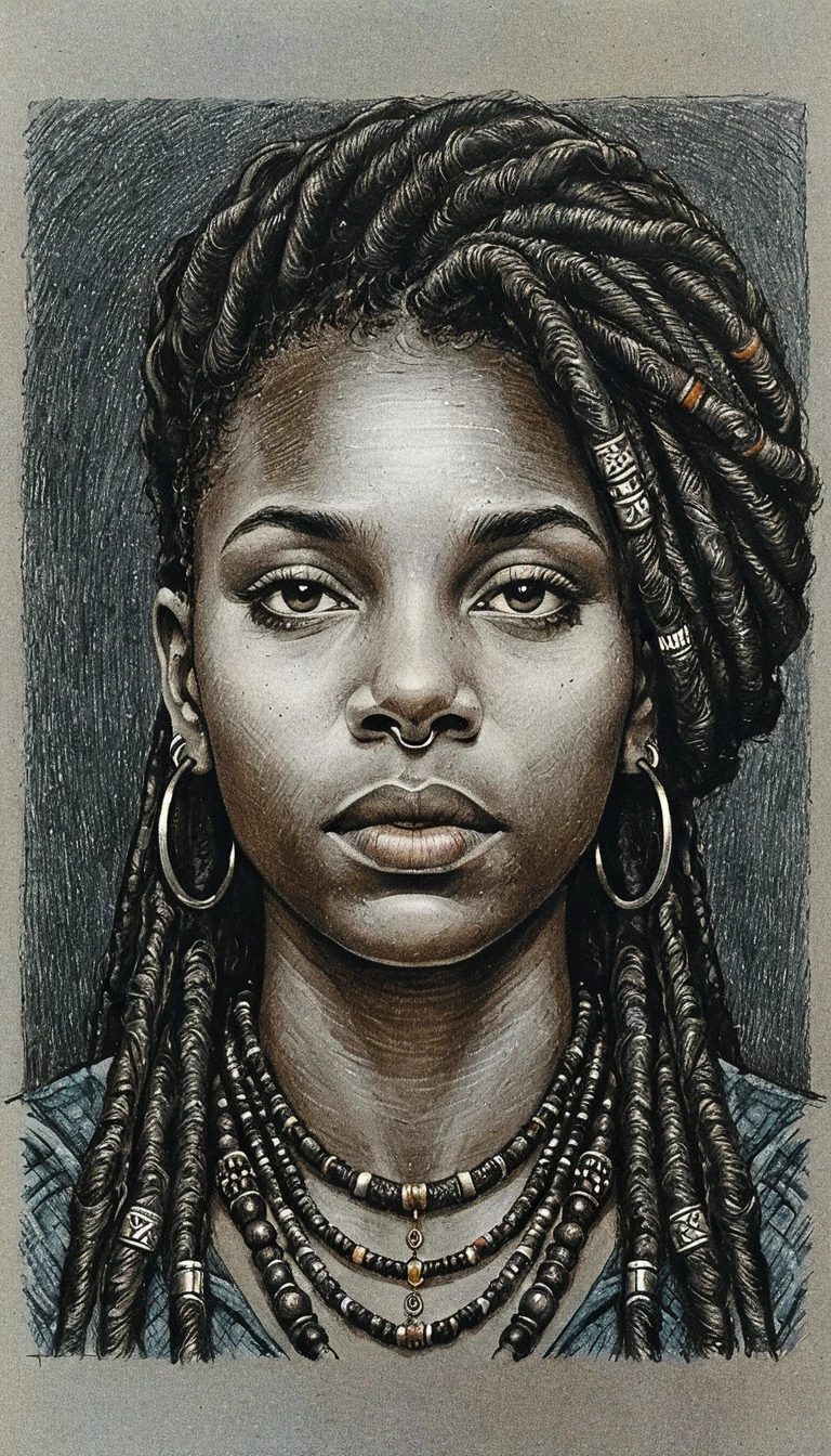 Portrait dramatique en buste d’une femme noire avec locks et piercings