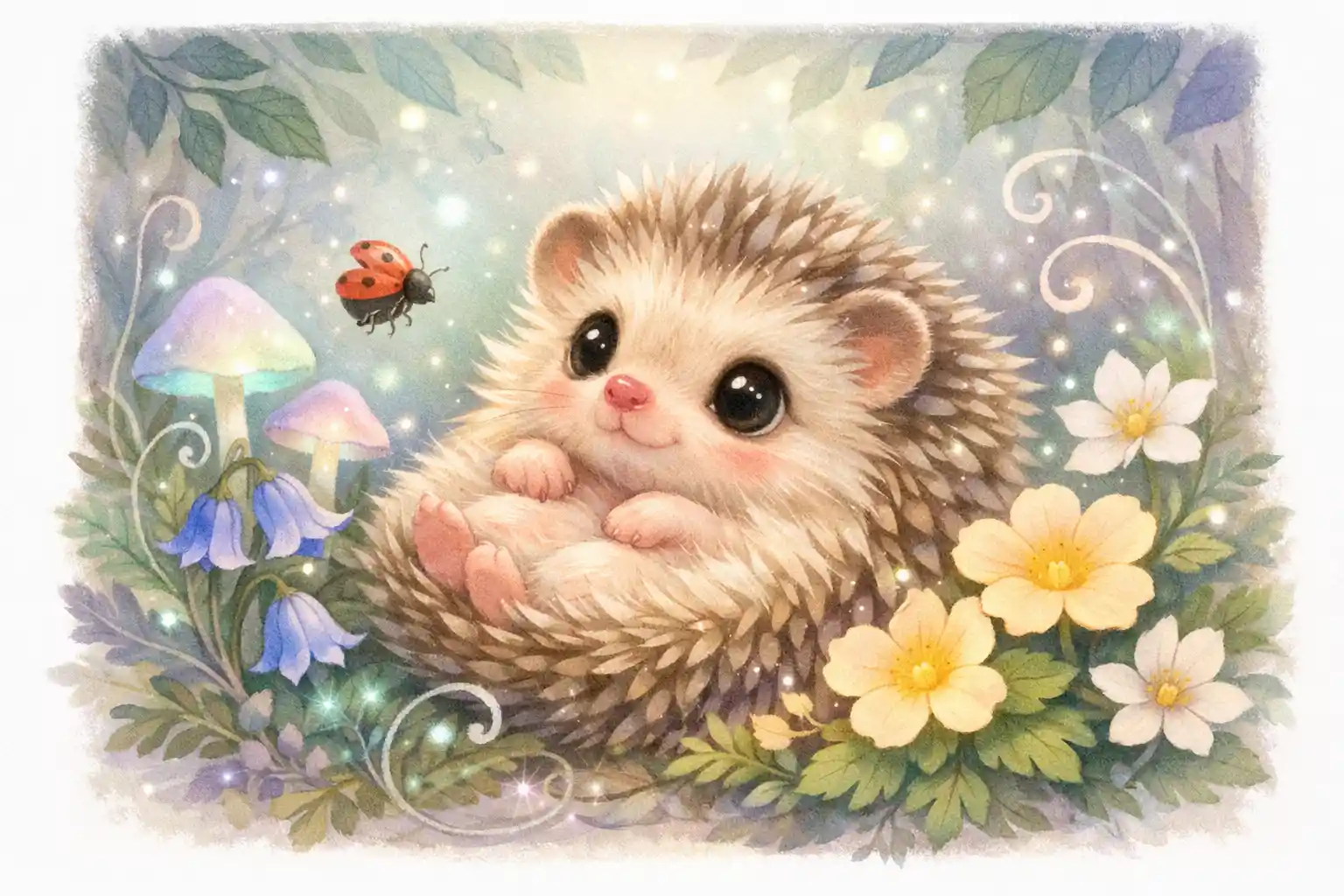 Baby hedgehog in glowing woodland nursery illustration