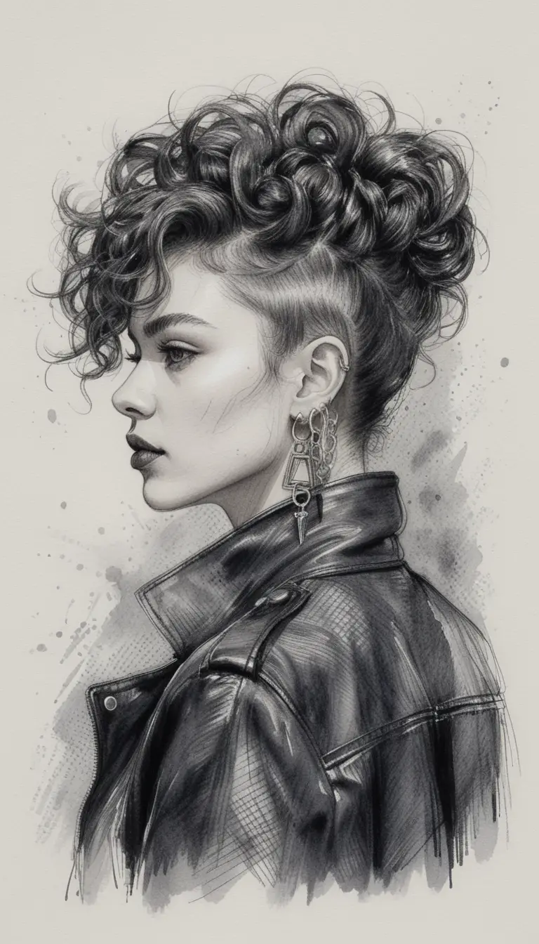 Black and white pen portrait of a young woman in profile