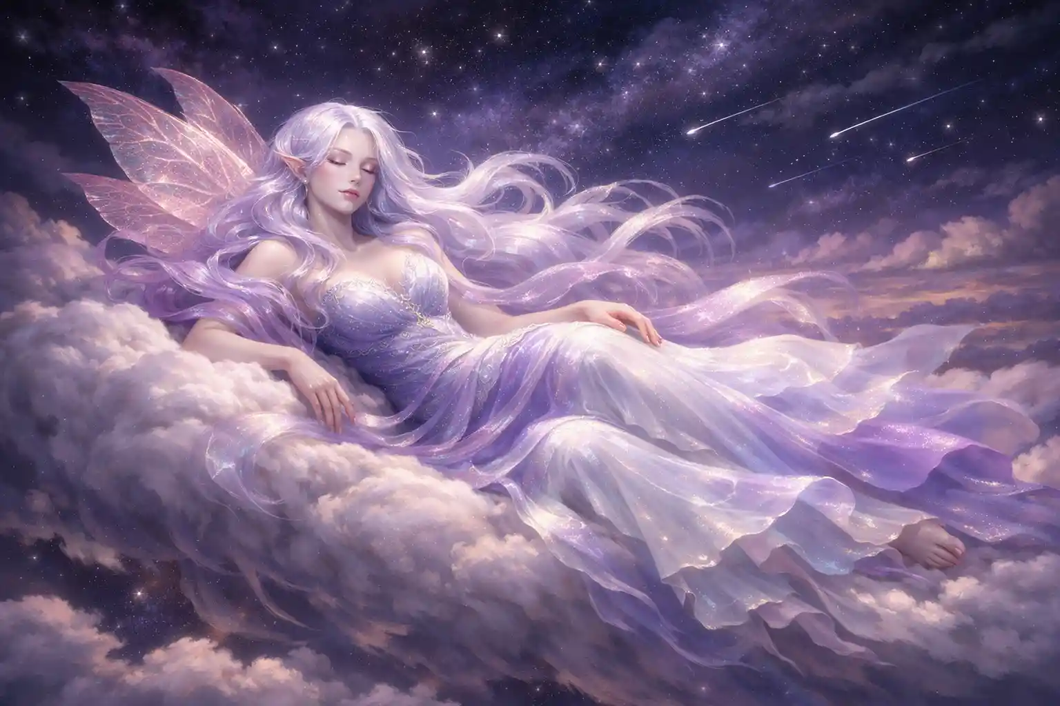 Eterea guardiana dei sogni che riposa su un letto di nuvole fluttuante
