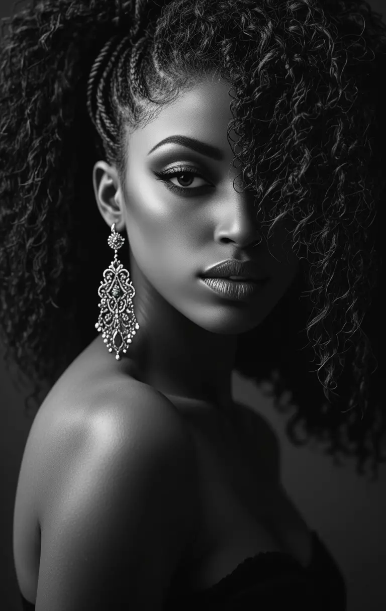 Retrato en blanco y negro de una mujer con cabello afro