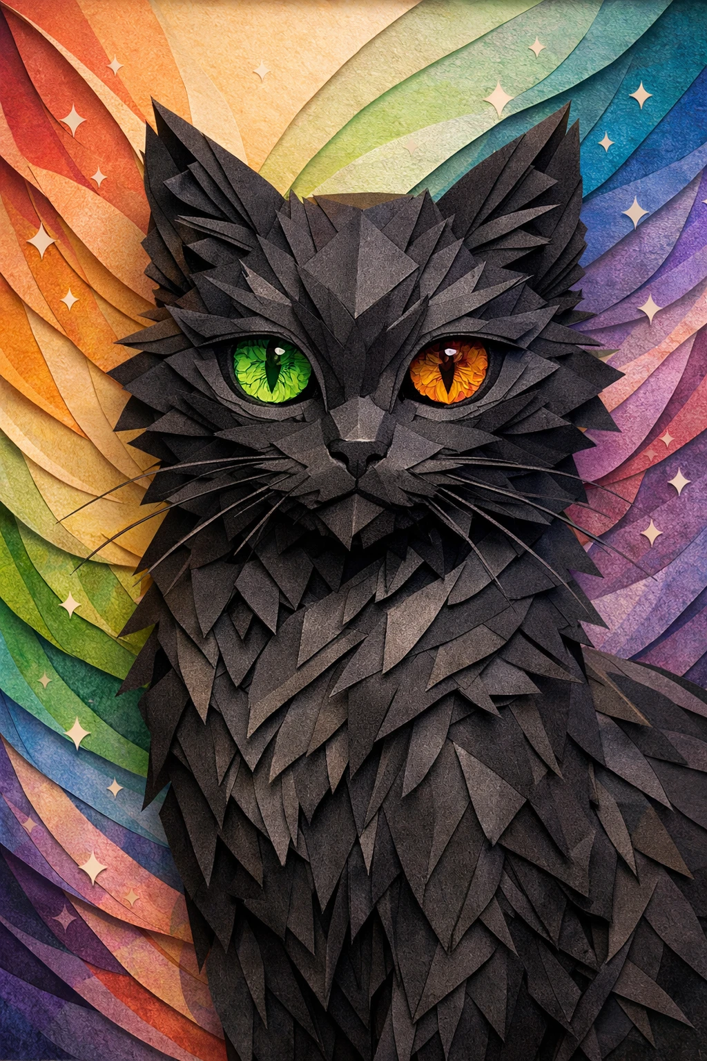 Papercraft black cat with heterochromia on rainbow paper background