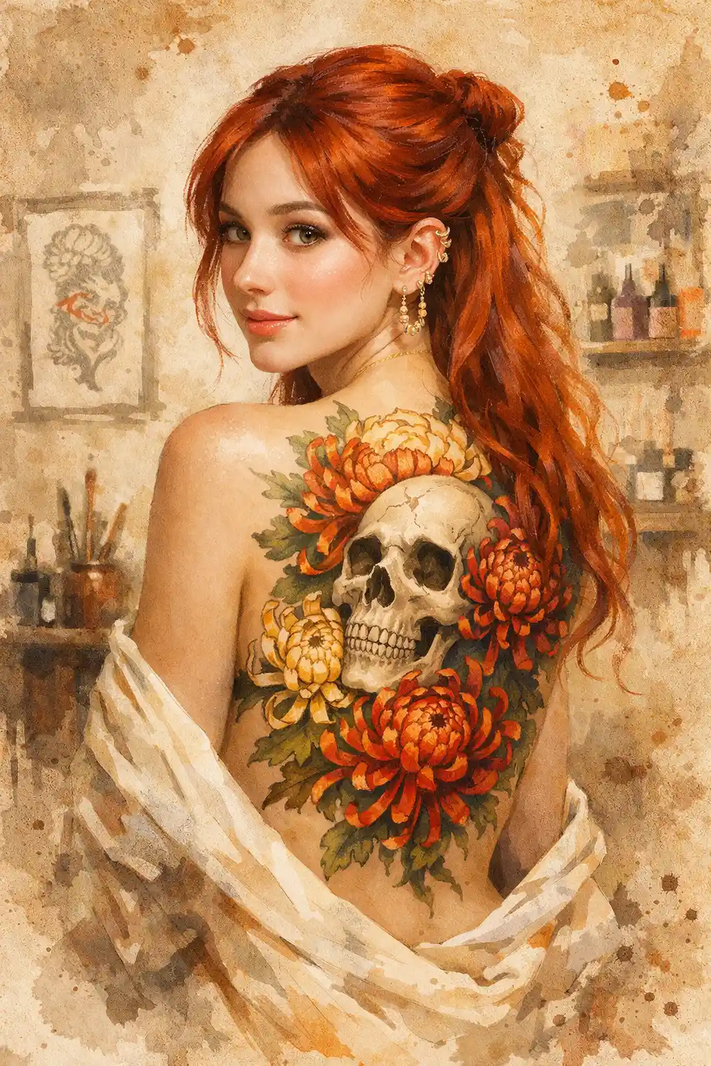 Rothaarige Frau mit elegantem Schädel- und Chrysanthemen-Rückentattoo