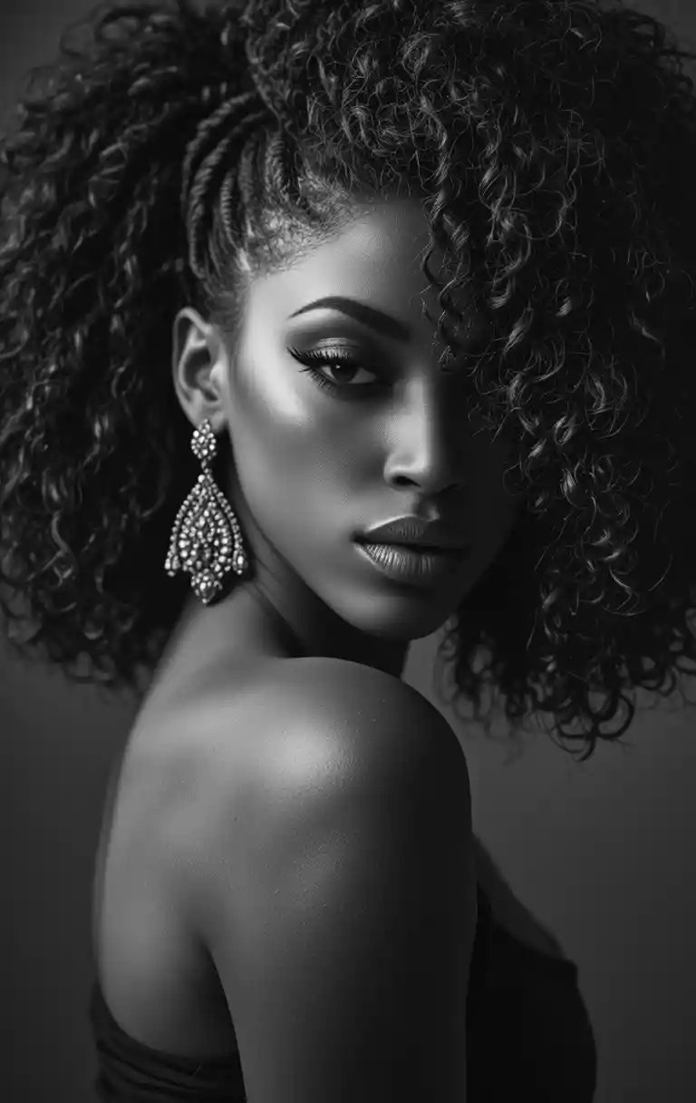 Retrato en blanco y negro de una mujer con cabello afro rizado