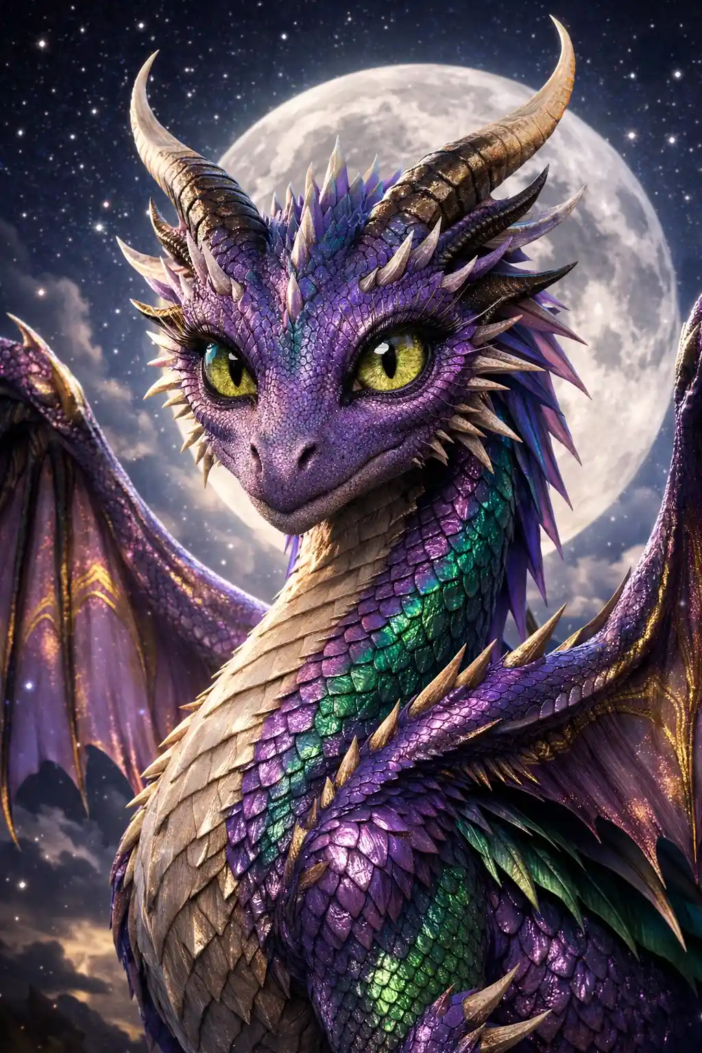 Majestosa dragão fêmea sob um céu iluminado pela lua