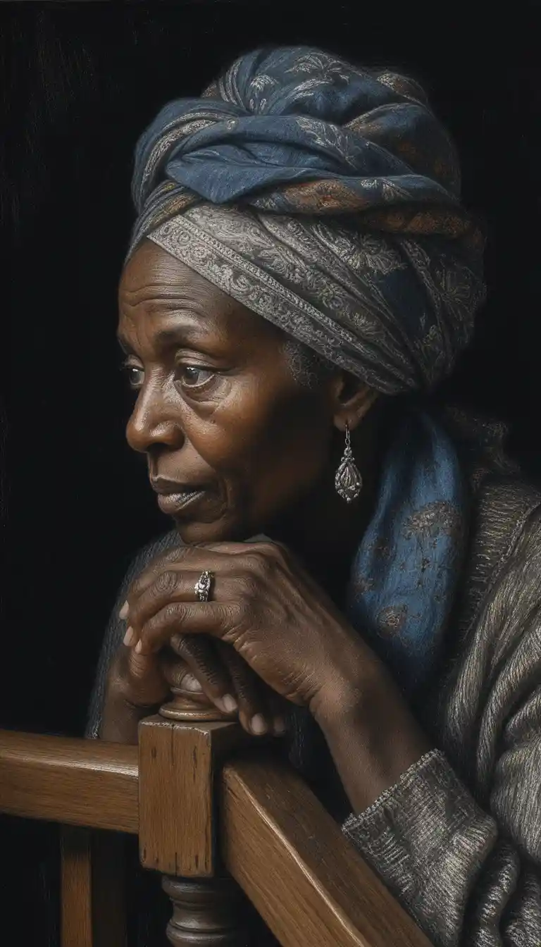 Ritratto di Donna Nera Anziana con Turbante e Occhi Chiusi