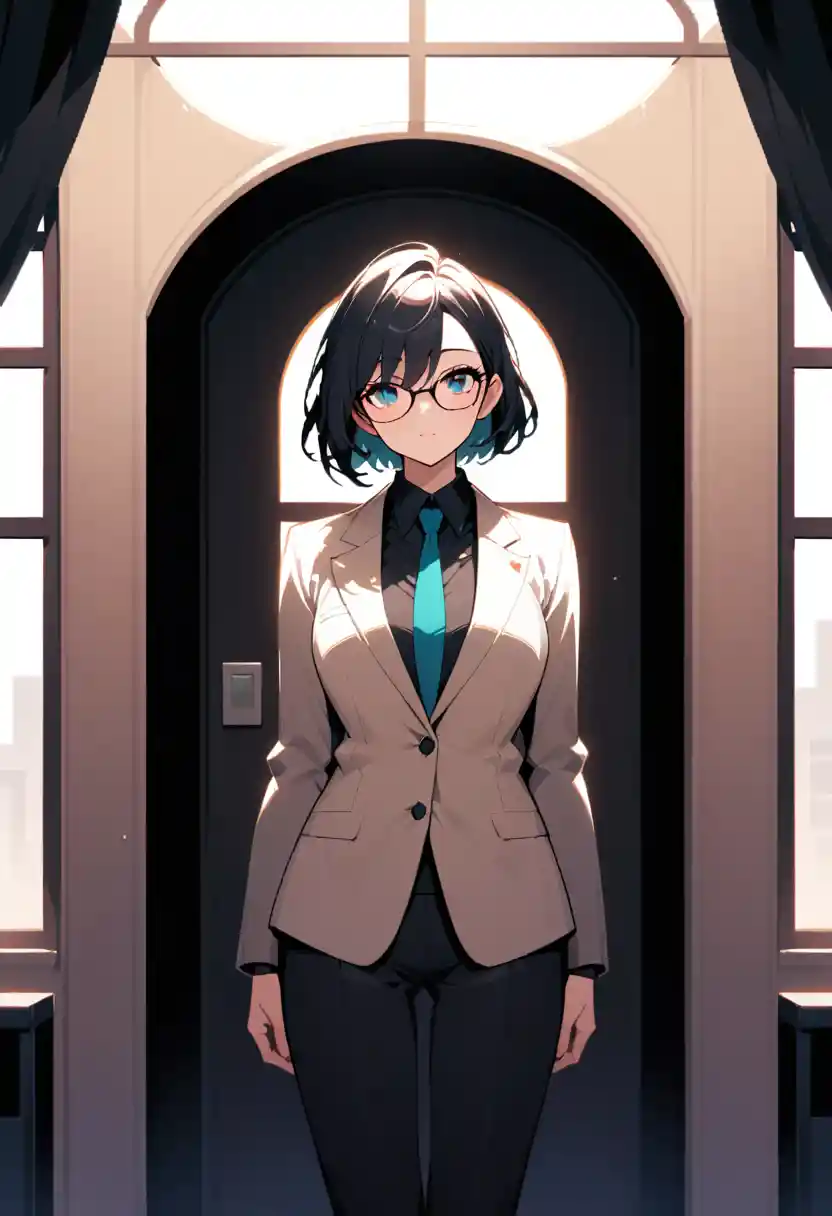 Confident woman in black suit by bright office window