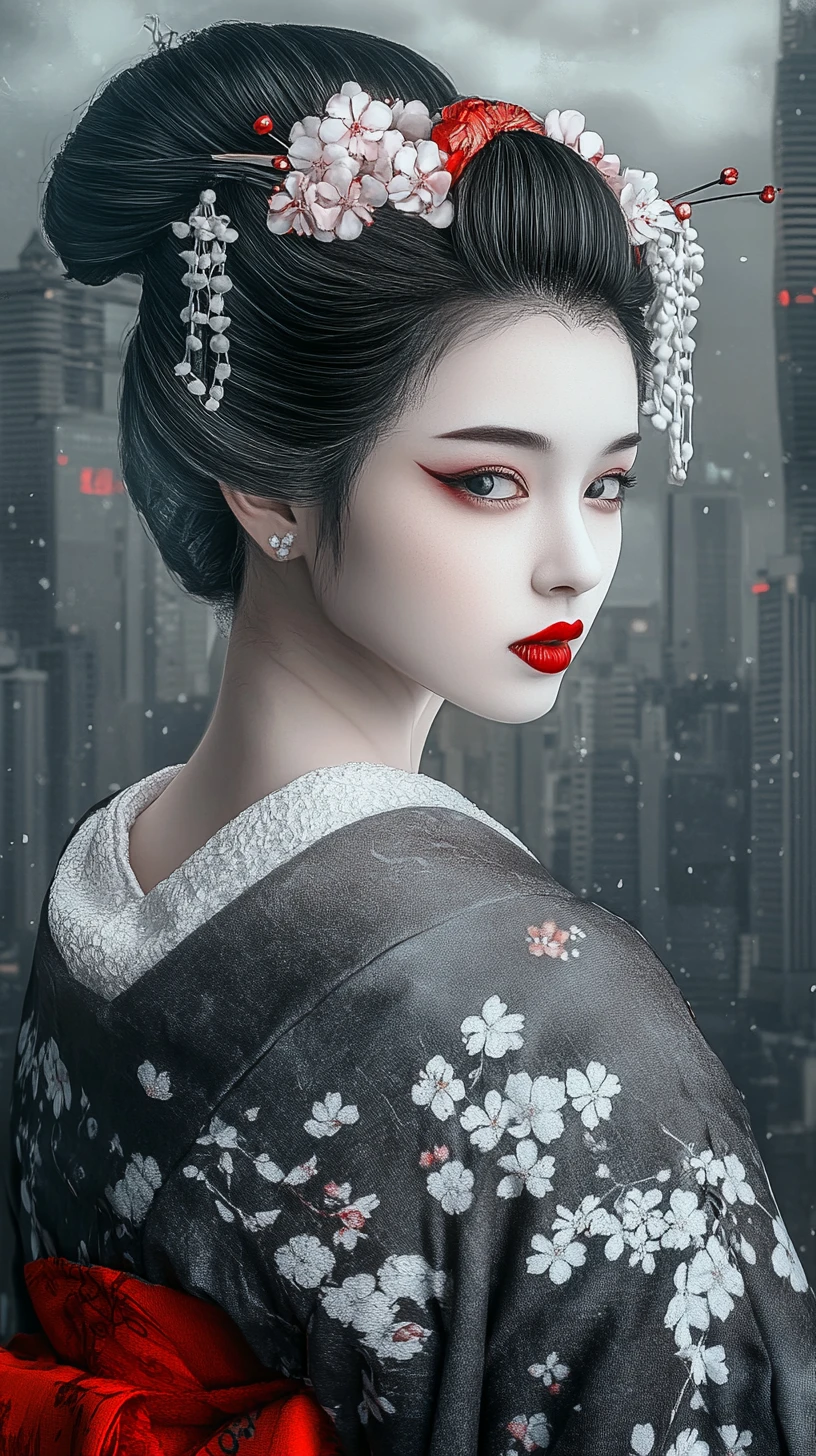 우울한 그레이스케일 현대 도시 스카이라인을 배경으로 한 게이샤 초상