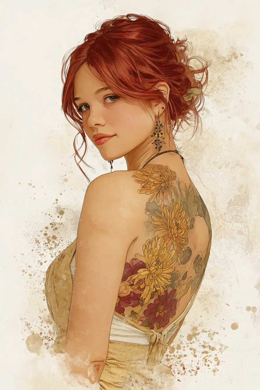 Jeune fille rousse montrant un tatouage de crâne sur tout le dos