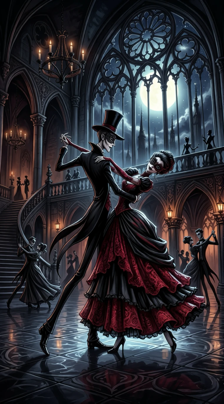 Gothic ballroom waltz under moonlit cathedral windows