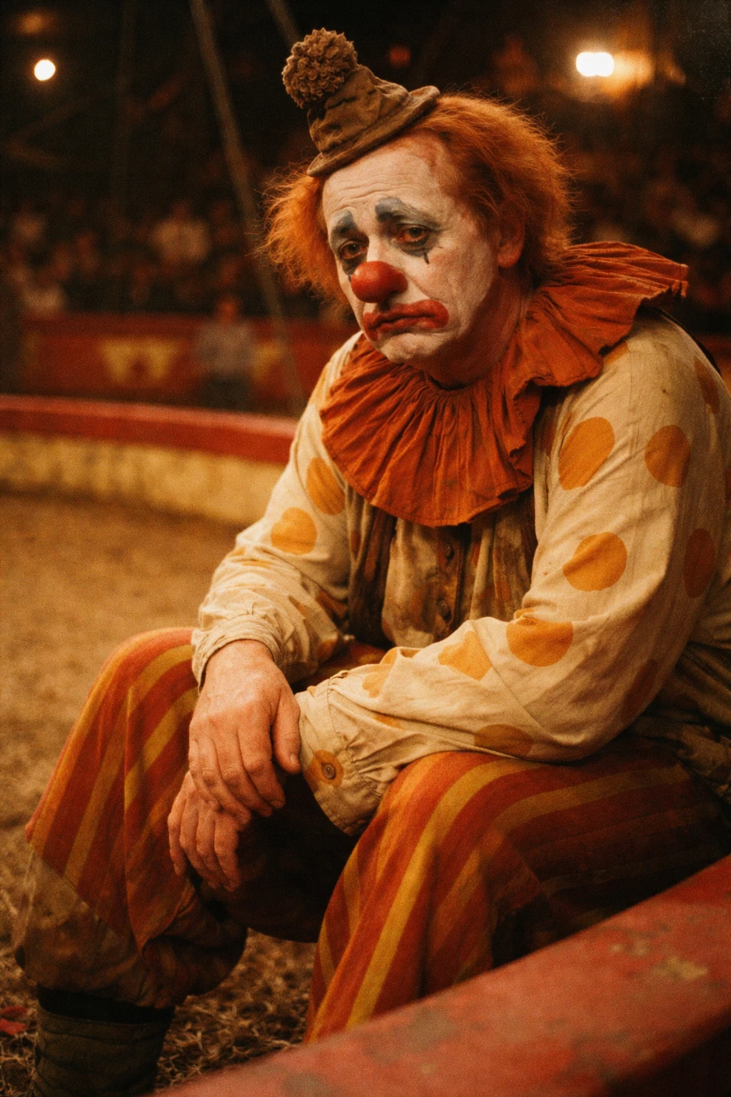 Trauriger Clown sitzt allein am Rand einer Zirkusmanege