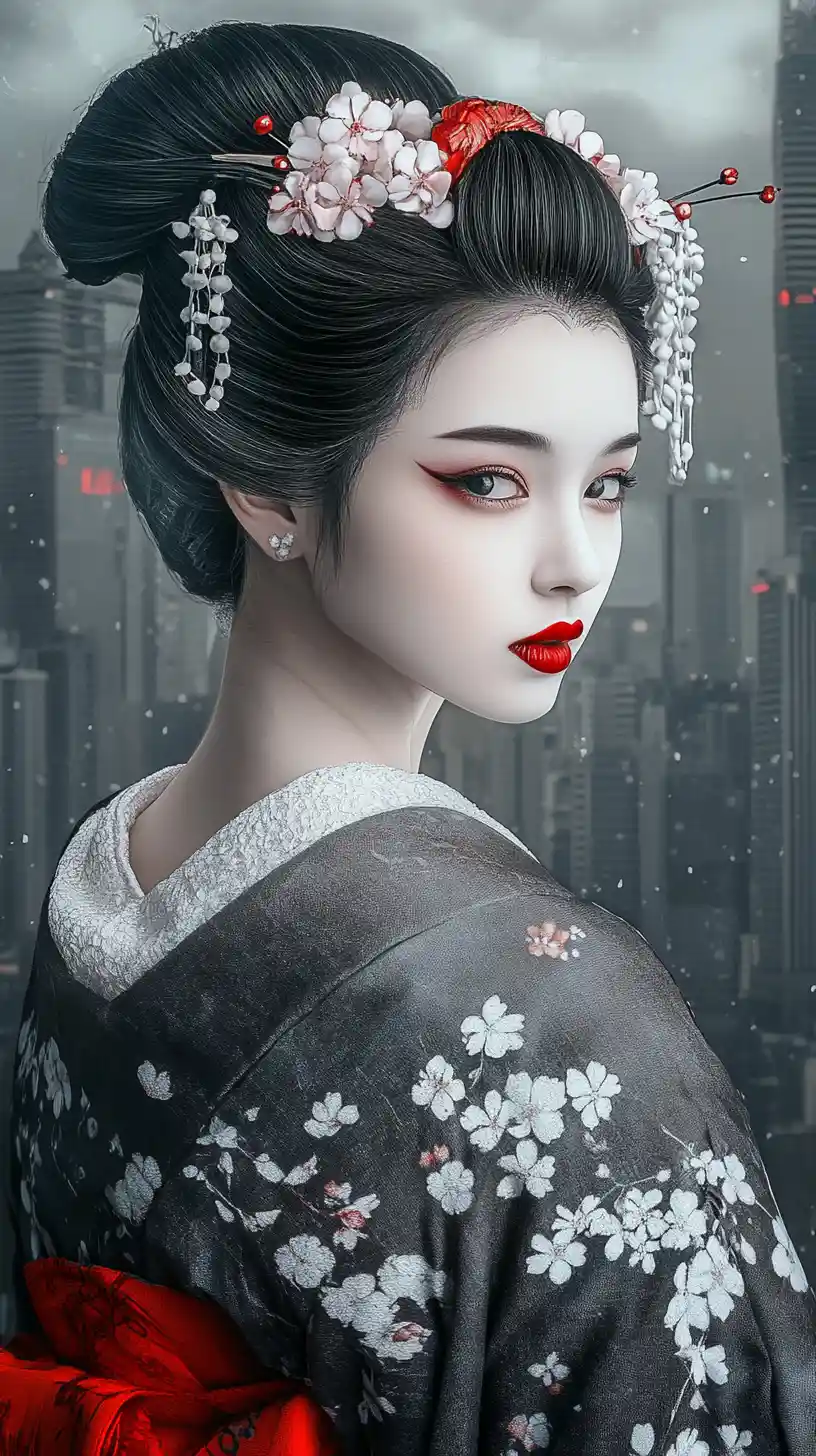Geisha-Porträt vor einer stimmungsvollen modernen Skyline in Graustufen