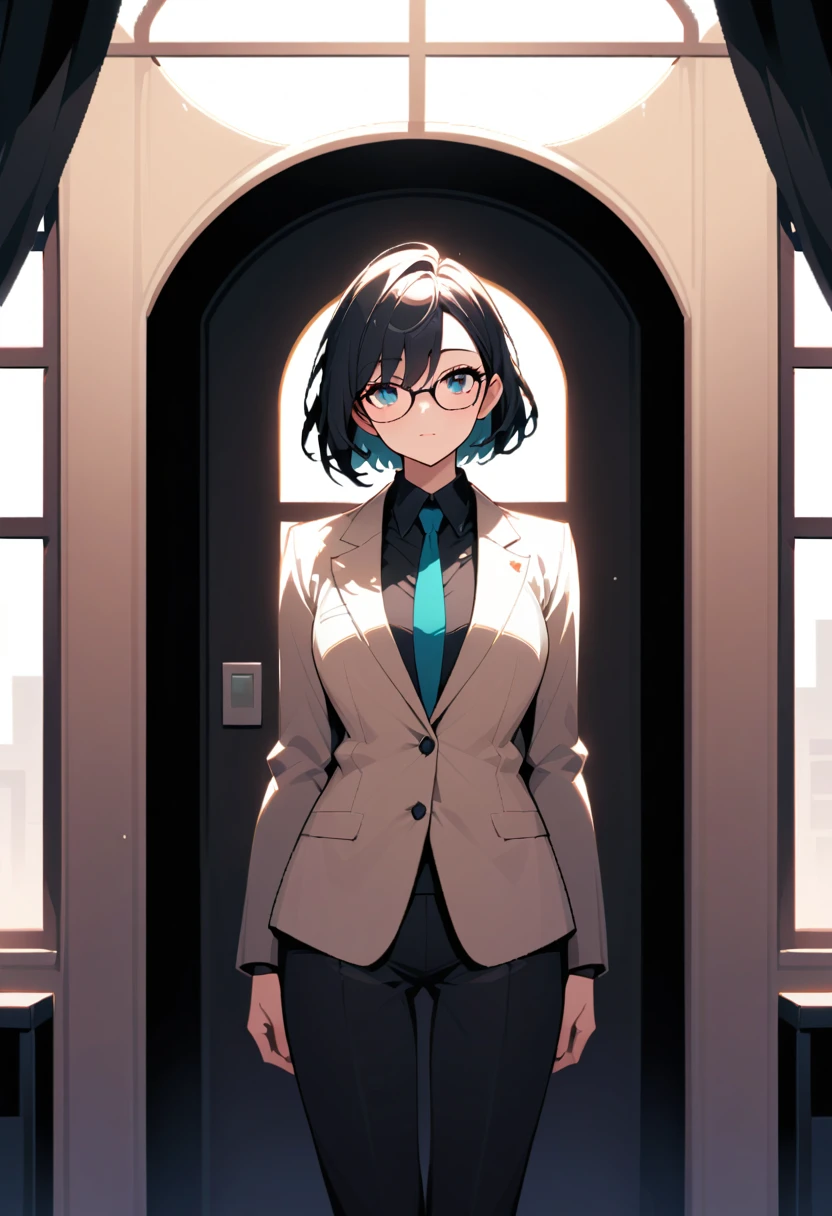 Confident woman in black suit by bright office window