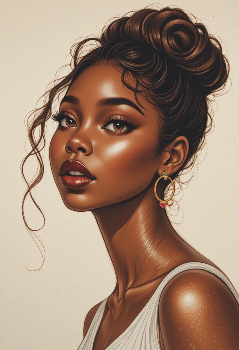 Portrait aux crayons de couleur d’une jeune femme noire levant les yeux
