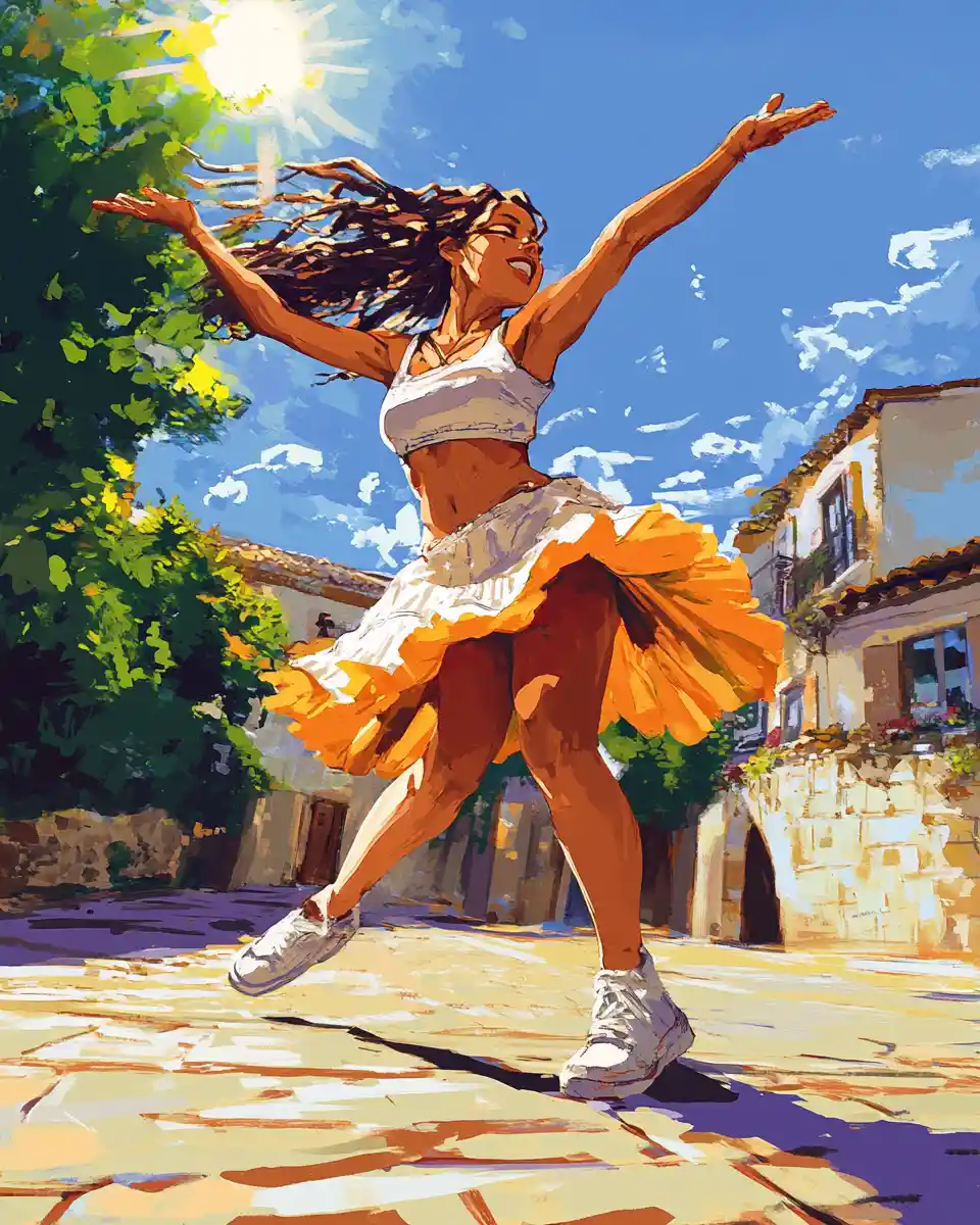 Mujer de anime bailando street dance bajo la luz brillante del sol