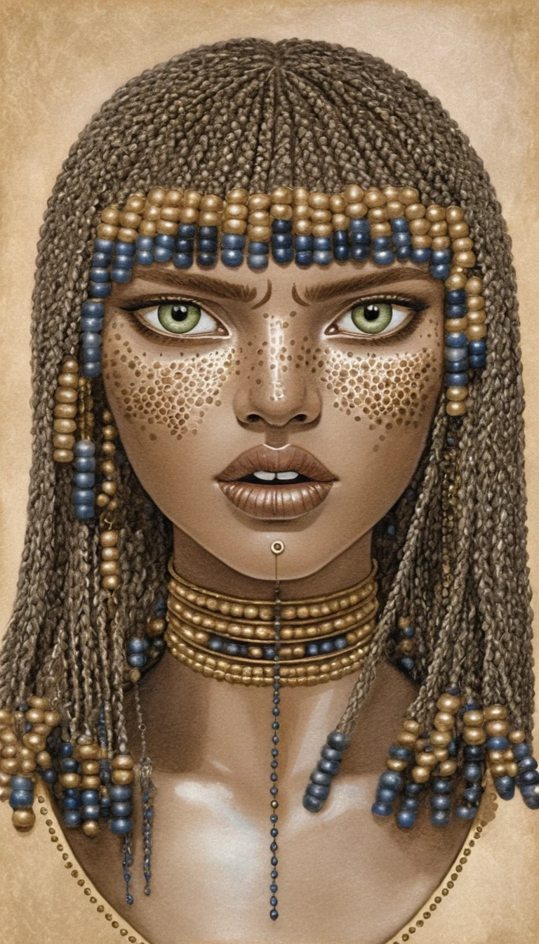 Stylized portrait of a Nubian woman with ornate braids