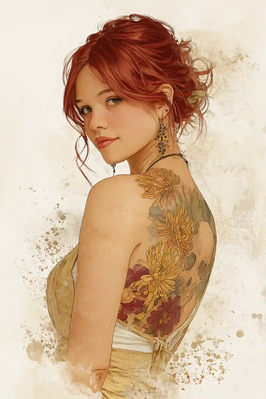 Jeune fille rousse montrant un tatouage de crâne sur tout le dos