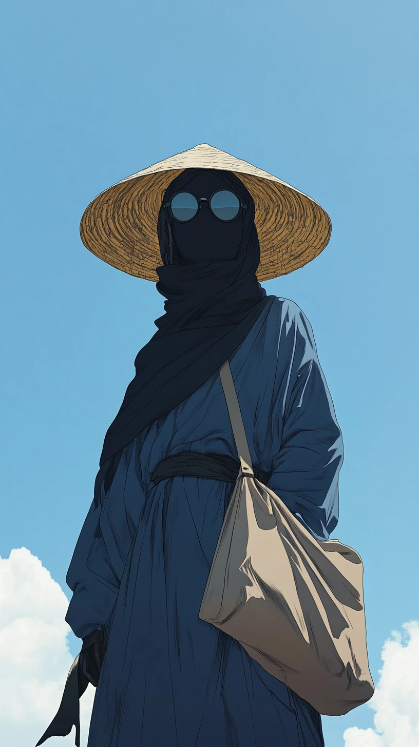 Homem misterioso de vestido azul-marinho sob um céu azul claro