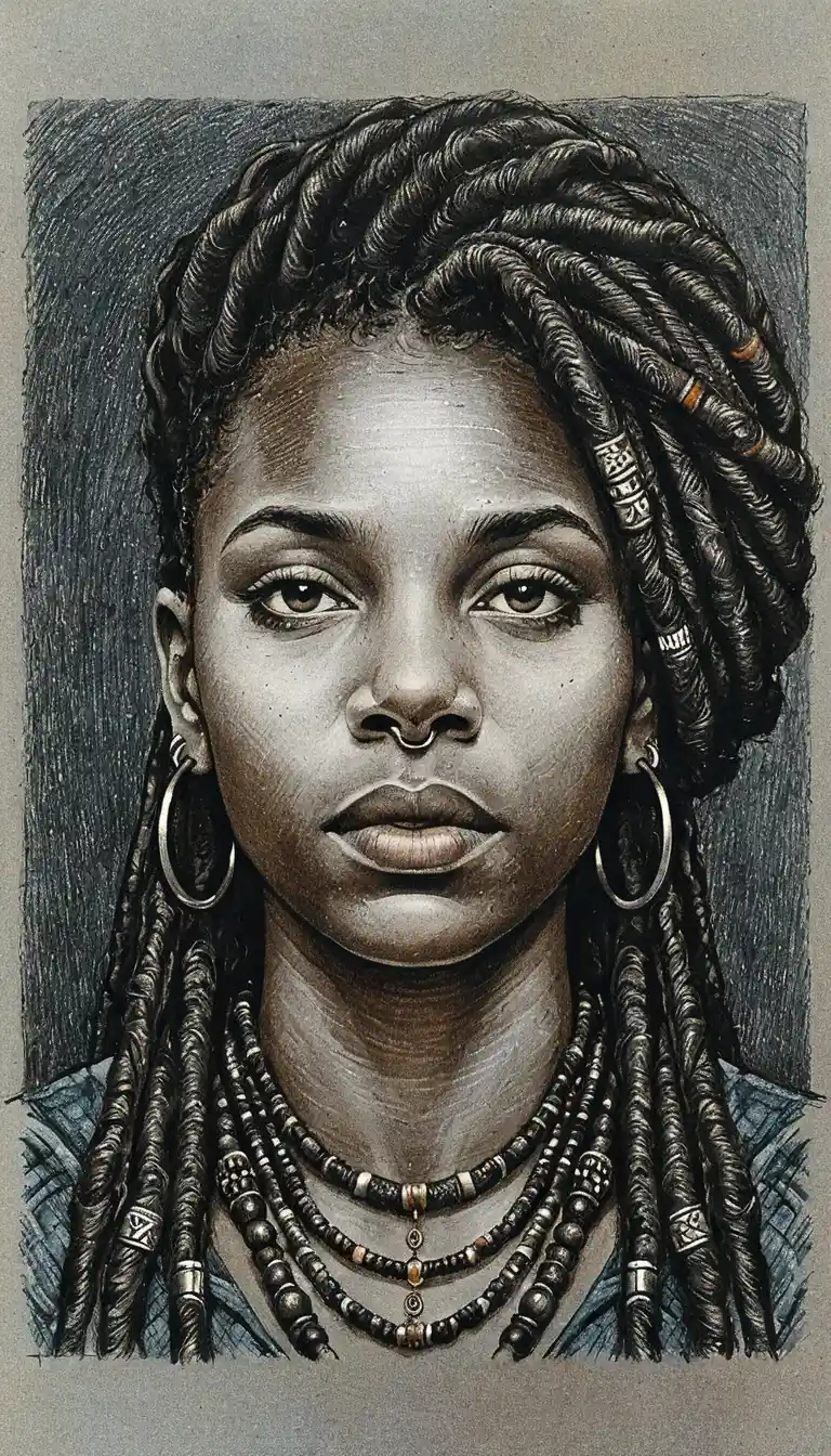 Portrait dramatique en buste d’une femme noire avec locks et piercings