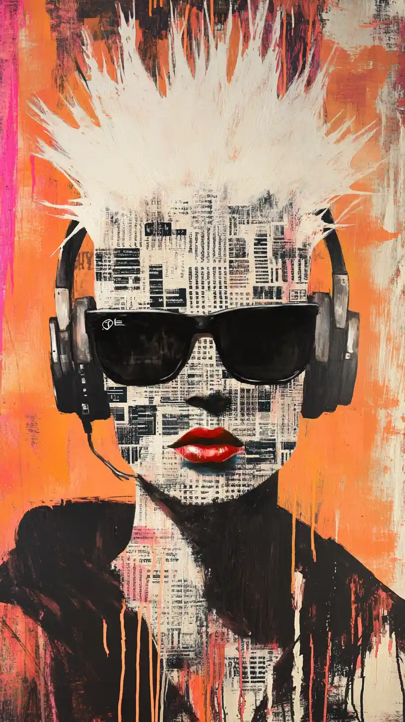 Abstract urban portrait with white hair and headphones