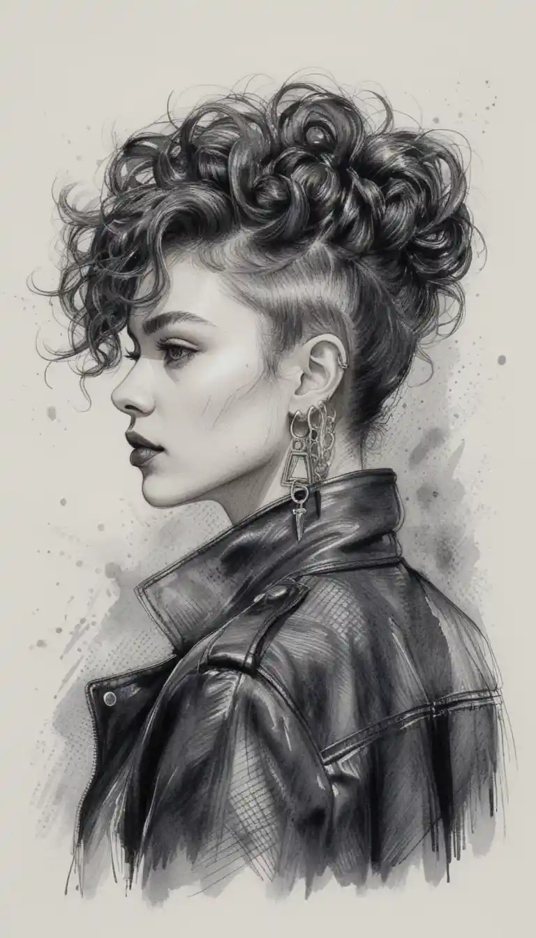 Retrato a caneta em preto e branco de uma jovem de perfil