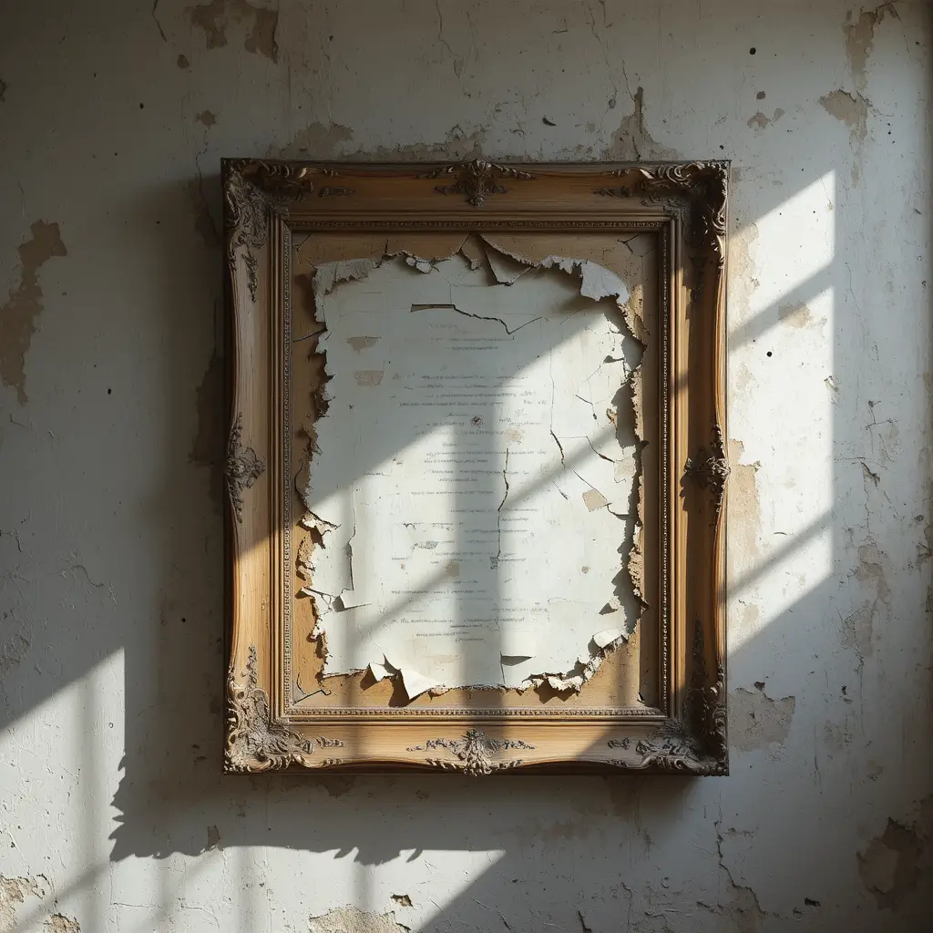 Old broken picture frame with tattered canvas in sunlight