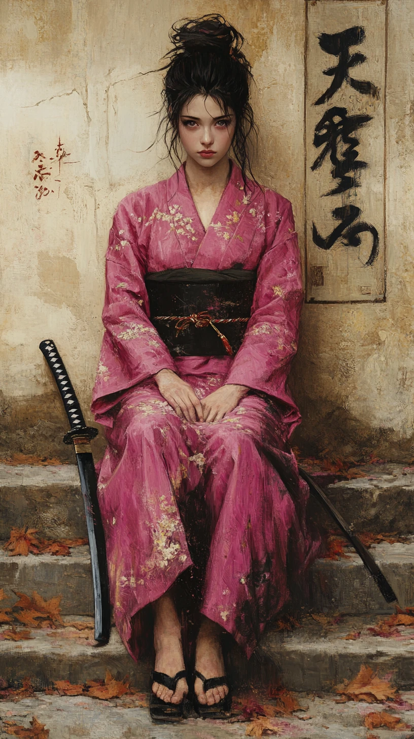 Giovane donna in kimono rosa seduta su gradini di pietra
