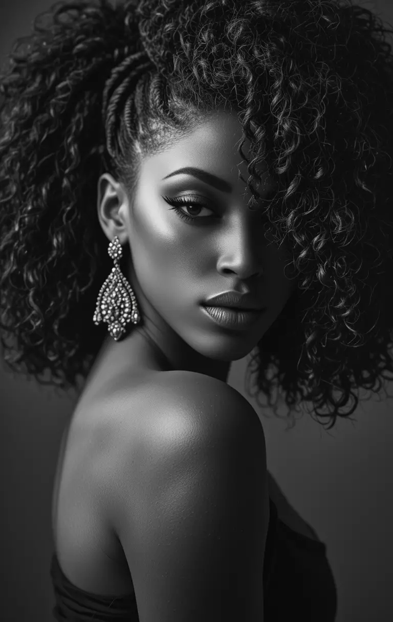 Retrato en blanco y negro de una mujer con cabello afro rizado
