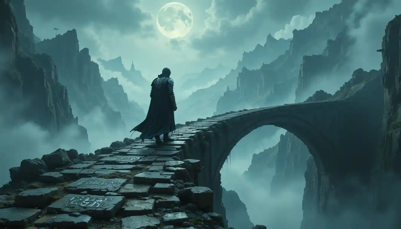 Einsamer Ritter auf bröckelnder Brücke über nebligem Fantasy-Tal