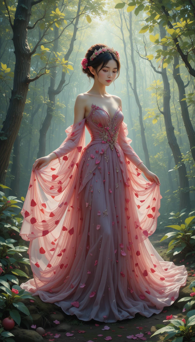 Elfenmaid im Granatapfelblütenkleid im Licht des Waldes