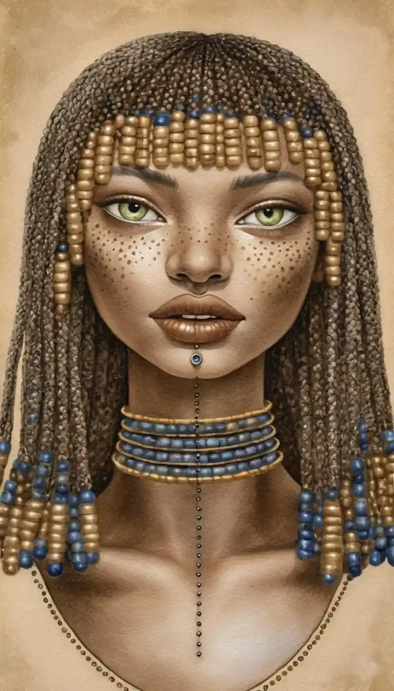 Nubian woman portrait with braided hair and golden jewelry