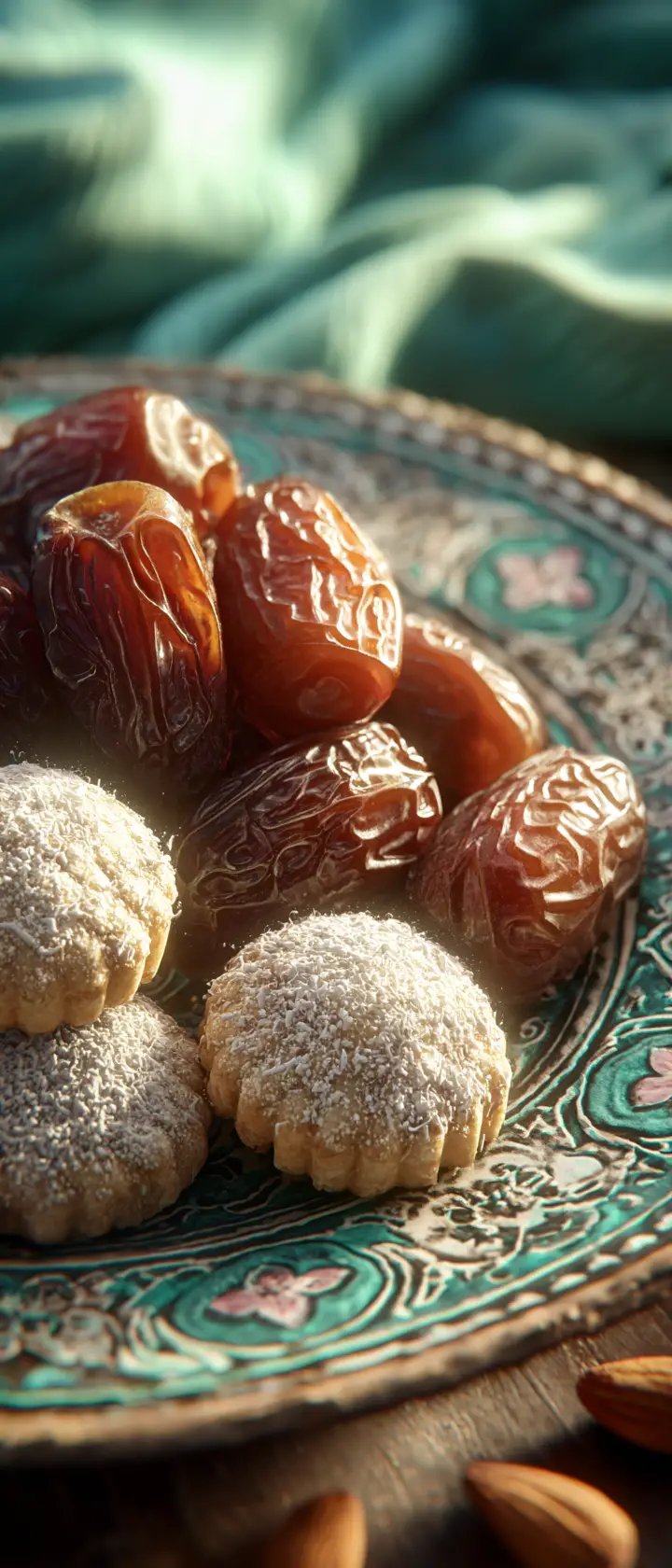 Dates and maamoul cookies on ornate ceramic plate