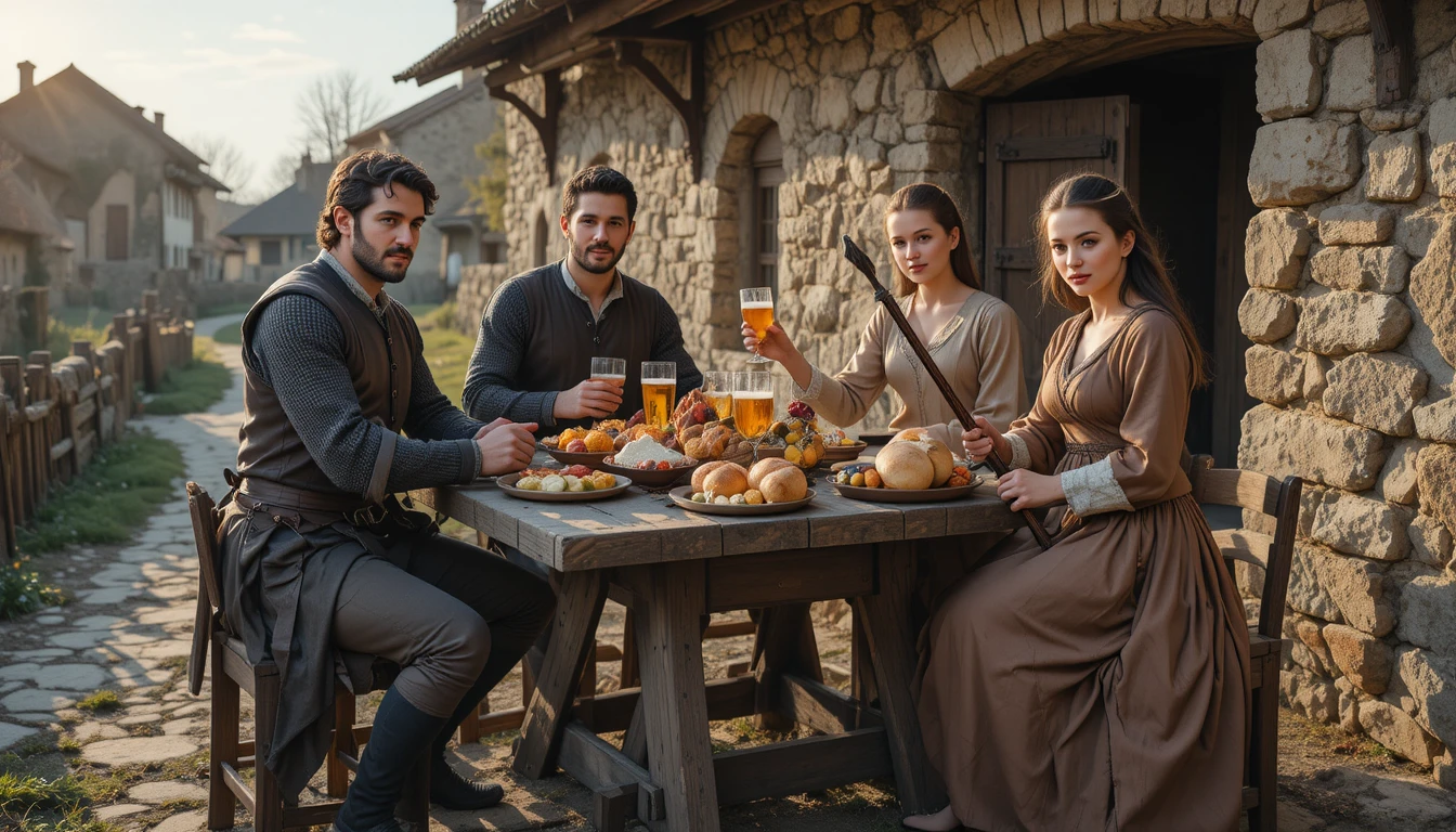 Medieval reenactors sharing a rustic outdoor village meal