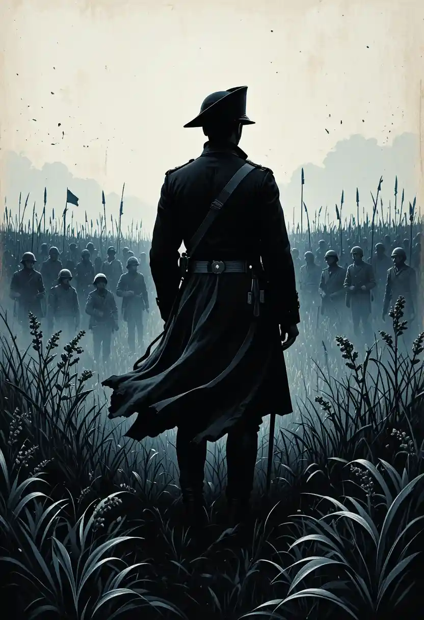 Lone soldier in dark uniform amid a raging battlefield
