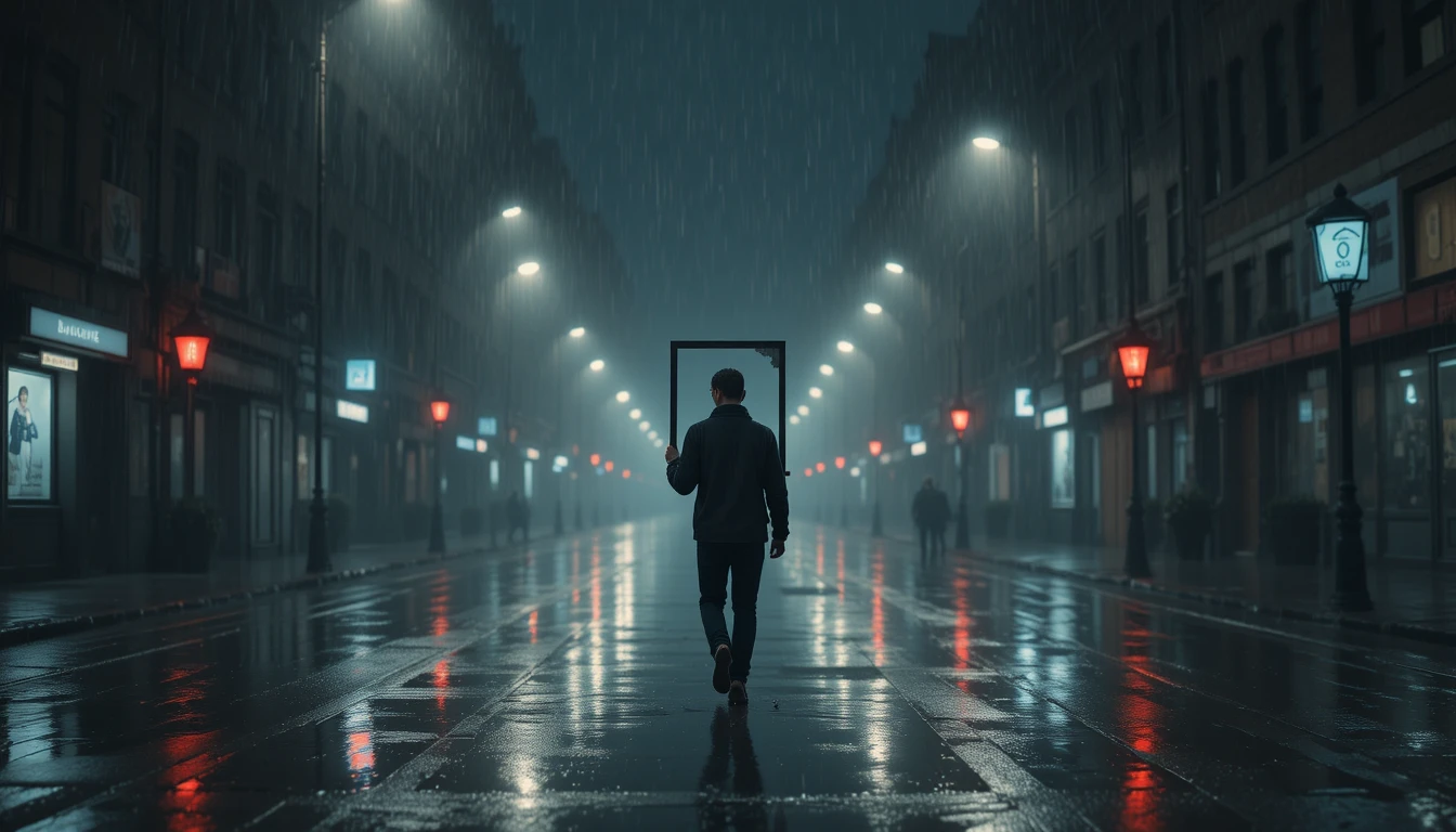 Figura solitária caminhando na chuva em uma rua deserta da cidade