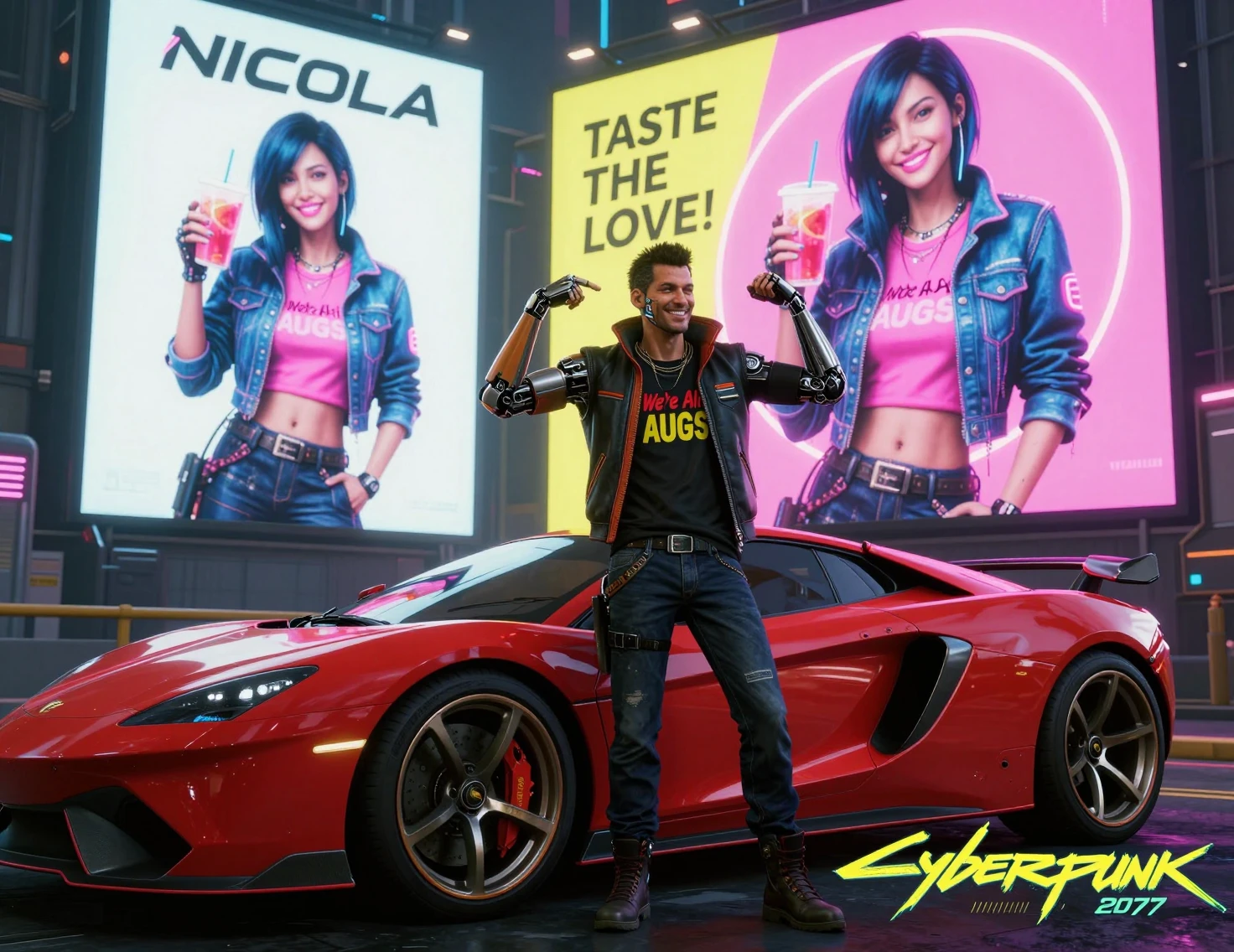 Hombre cyberpunk posando junto a un auto deportivo rojo de noche