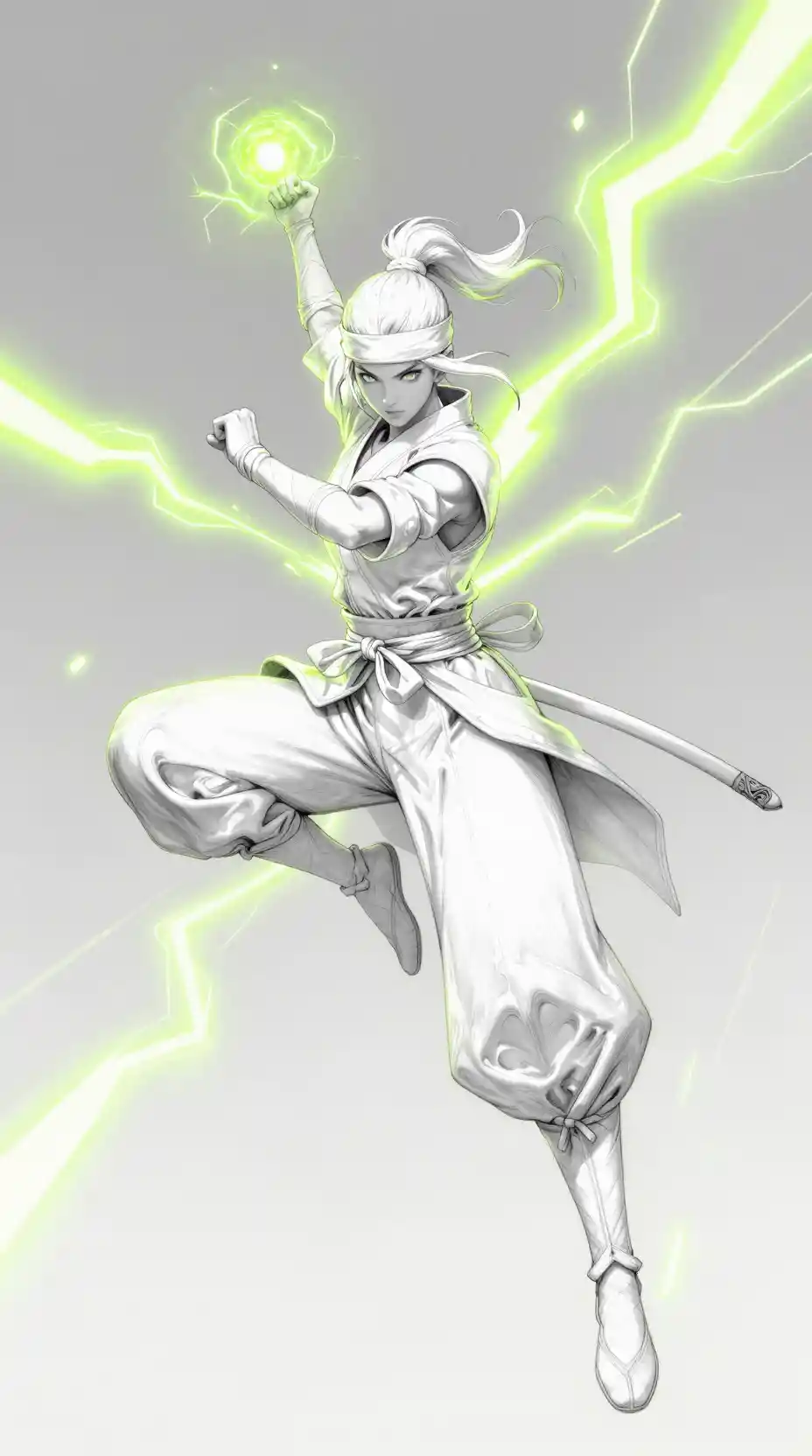 White clad ninja woman leaping with neon electric lightning