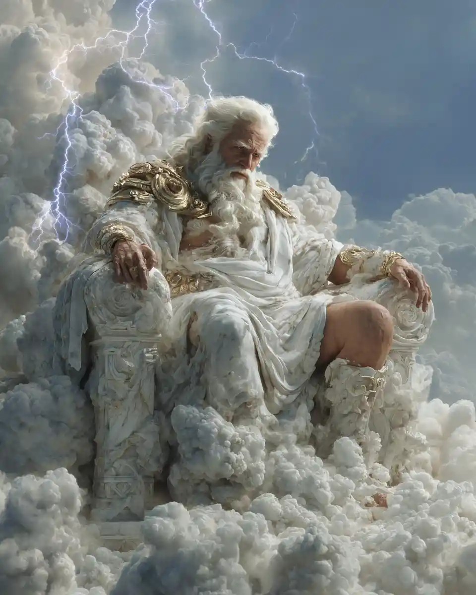 Anciano dios del trueno en un trono de mármol entre las nubes