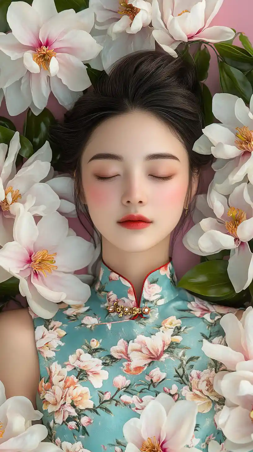 Gelassene asiatische Frau im türkisfarbenen Qipao zwischen weißen Magnolien