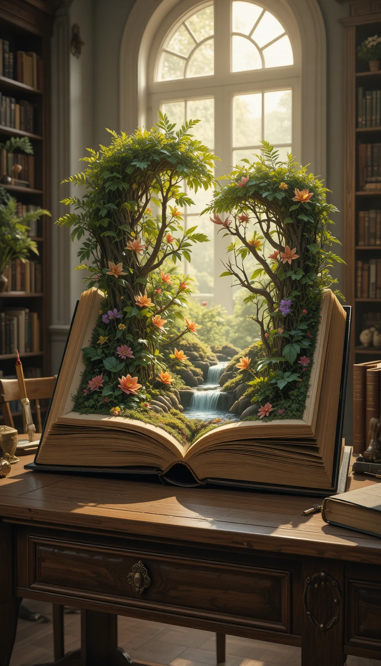 Libro antiguo abierto que revela un exuberante mundo de selva tropical
