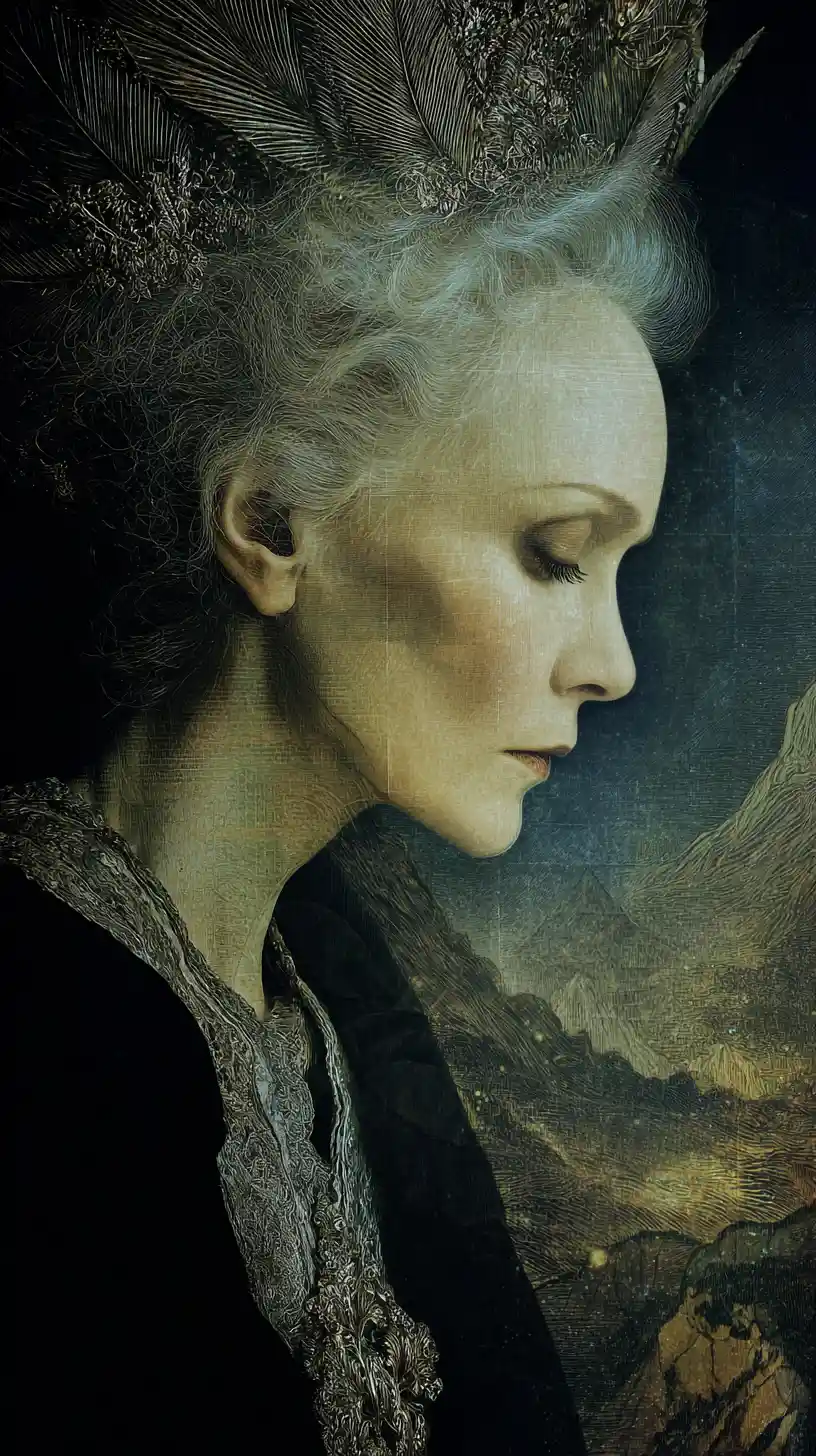 Chiaroscuro portrait of an ageless supernatural woman in twilight