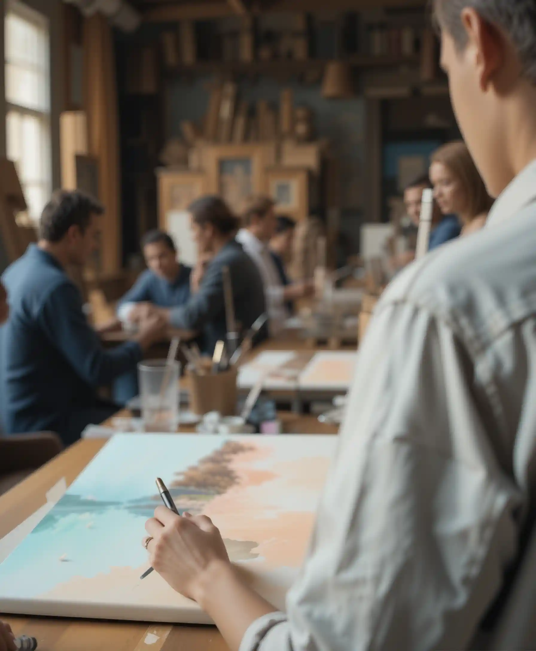 Künstler malt eine Pastelllandschaft in einem warmen Atelier